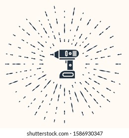 Grey Electric cordless screwdriver icon isolated on beige background. Electric drill machine. Repair tool. Abstract circle random dots. Vector Illustration
