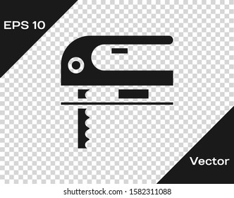 Grey Electric jigsaw with steel sharp blade icon isolated on transparent background. Power tool for woodwork.  Vector Illustration