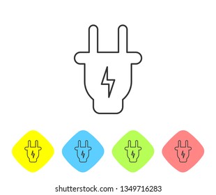 Grey Electric plug line icon isolated on white background. Concept of connection and disconnection of the electricity. Set icon in color rhombus buttons. Vector Illustration