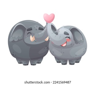 Grey Elephant Couple with Trunk Standing with Love Heart Vector Illustration