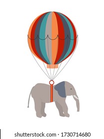 Grey elephant flying with colorful hot air balloon, child's room concept, birthday card
