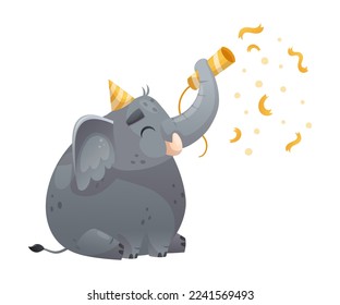 Grey Elephant with Trunk in Birthday Hat with Party Popper Vector Illustration