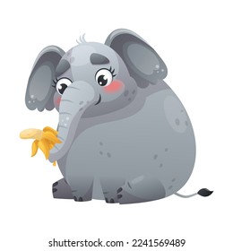 Grey Elephant with Trunk Eating Yellow Peeled Banana Vector Illustration