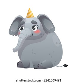 Grey Elephant with Trunk Sitting in Birthday Hat Vector Illustration