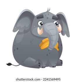 Grey Elephant with Trunk Sitting with Bunch of Bananas Vector Illustration