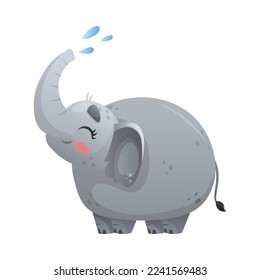 Grey Elephant with Trunk Sprinkling Water Vector Illustration