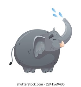 Grey Elephant with Trunk and Tusks Sprinkling Water Vector Illustration