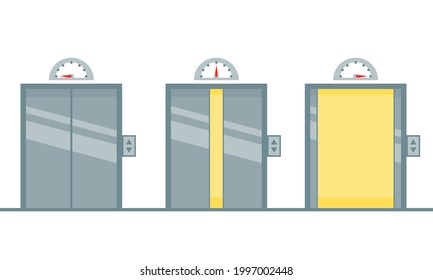 Ascensor gris (ascensor) abierto , cerrado y de media puerta vacía personas en el vector plano de fondo blanco.