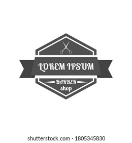 Grey emblem, logo, label for a barber shop, isolated on a white background. Vintage flat style, vector illustration.
