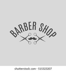 Grey emblem, logo, label for a barber shop, isolated on a white background. Vintage style, vector illustration.