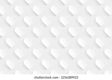 Grey embossed heart seamless pattern vector background. 3d hearts wallpaper design.