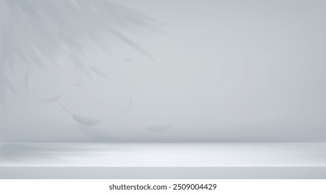 Bolsa de estudio vacía gris. Pared de hormigón gris con hojas de sombra y mesa de podio de cocina blanca. Encimera blanca 3D con esquina de la sala para la presentación del producto. Vector ilustración realista