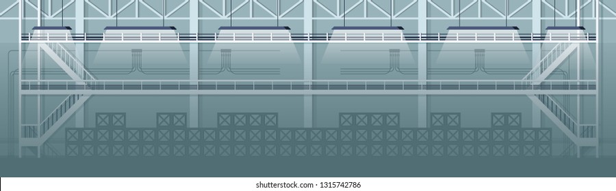 Grey Empty Warehouse Industrial Interior Design. Picture of Smart Factory Storage Hall with Wooden Box. Dark Room. Depot Building with No People Inside. Flat Cartoon Vector Illustration