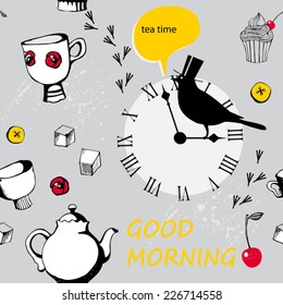grey english pattern with teapot and bird