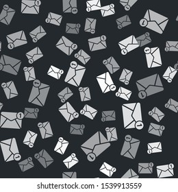 Grey Envelope icon isolated seamless pattern on black background. Received message concept. New, email incoming message, sms. Mail delivery service.  Vector Illustration