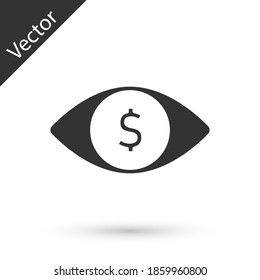Ojo gris con icono del dólar aislado en fondo blanco. Vector.