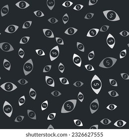 Ojo gris con icono del dólar aislado patrón sin fisuras sobre fondo negro.  Vector
