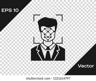 Grey Face recognition icon isolated on transparent background. Face identification scanner icon. Facial id. Cyber security concept. Vector Illustration