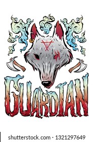 Grey fairytale wolf head vector illustration with freedom symbol and guardian text with smoke and axe elements