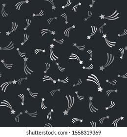 Grey Falling star icon isolated seamless pattern on black background. Shooting star with star trail. Meteoroid, meteorite, comet, asteroid, star icon.  Vector Illustration