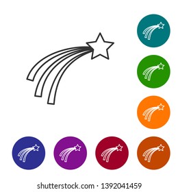 Grey Falling star line icon isolated on white background. Shooting star with star trail. Meteoroid, meteorite, comet, asteroid, star icon. Set icon in color circle buttons. Vector Illustration