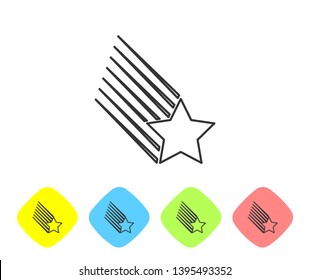 Grey Falling star line icon isolated on white background. Shooting star with star trail. Meteoroid, meteorite, comet, asteroid, star icon. Set icon in color rhombus buttons. Vector Illustration