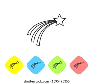 Grey Falling star line icon isolated on white background. Shooting star with star trail. Meteoroid, meteorite, comet, asteroid, star icon. Set icon in color rhombus buttons. Vector Illustration