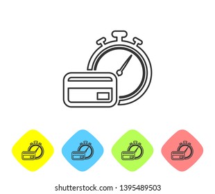 Grey Fast payments line icon on white background. Fast money transfer payment. Financial services, fast loan, time is money, cash back concept. Set icon in color rhombus buttons. Vector Illustration