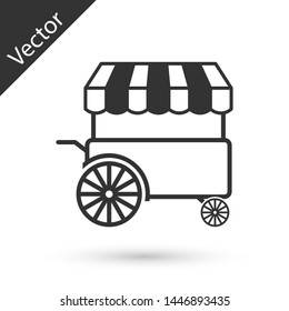 Grey Fast street food cart with awning icon isolated on white background. Urban kiosk. Vector Illustration