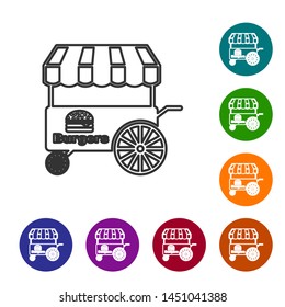 Grey Fast street food cart with awning line icon isolated on white background. Burger or hamburger icon. Urban kiosk. Set icon in color circle buttons. Vector Illustration
