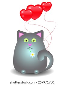 Grey fat cat with balloons in the shape of hearts, sitting with chamomile in teeth