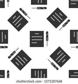 Grey Feather pen and paper scroll icon isolated seamless pattern on white background.  Vector Illustration
