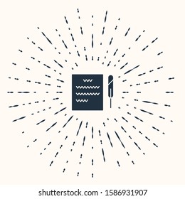 Grey Feather pen and paper scroll icon isolated on beige background. Abstract circle random dots. Vector Illustration