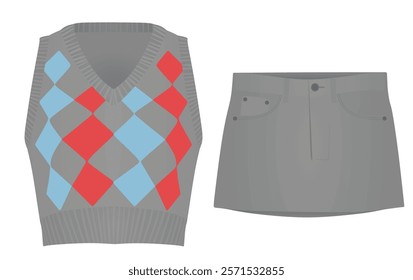 Grey female knitted vest and mini skirt. vector