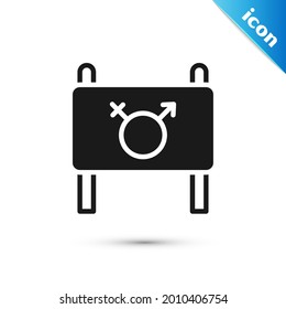 Grey Female movement, feminist activist with banner and placards icon isolated on white background. Feminist rights movement, feminism sisterhood.  Vector