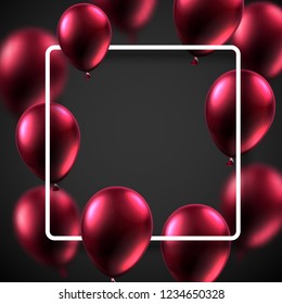 Grey festive card with white square frame and vinous shiny balloons. Holiday design. Vector background.