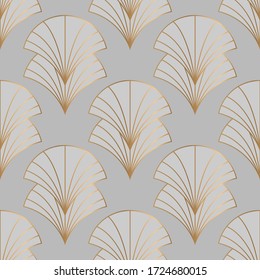 Grey figures with gold elements on grey background. Vector seamless pattern. Art deco style.
