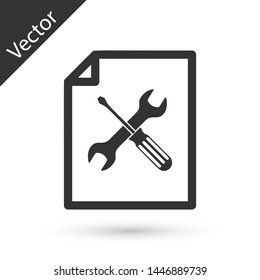 Grey File document with screwdriver and wrench icon isolated on white background. Adjusting, service, setting, maintenance, repair, fixing.  Vector Illustration