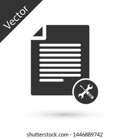 Grey File document with screwdriver and wrench icon isolated on white background. Adjusting, service, setting, maintenance, repair, fixing.  Vector Illustration