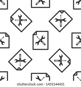 Grey File document with screwdriver and wrench icon isolated seamless pattern on white background. Adjusting, service, setting, maintenance, repair, fixing.  Vector Illustration