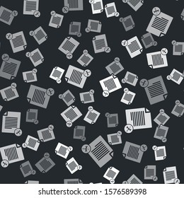 Grey File document with screwdriver and wrench icon isolated seamless pattern on black background. Adjusting, service, setting, maintenance, repair, fixing.  Vector Illustration