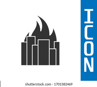 Grey Fire in burning buildings on city street icon isolated on white background. Destroyed city on fire.  Vector Illustration