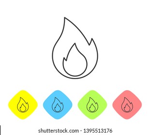 Grey Fire flame line icon isolated on white background. Heat symbol. Set icon in color rhombus buttons. Vector Illustration
