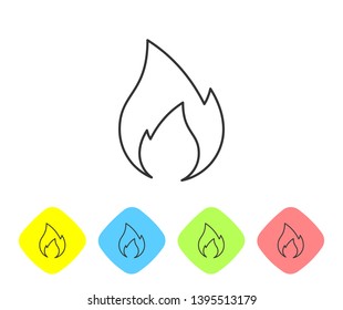 Grey Fire flame line icon isolated on white background. Heat symbol. Set icon in color rhombus buttons. Vector Illustration