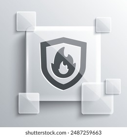 Grey Fire protection shield icon isolated on grey background. Insurance concept. Security, safety, protection, protect concept. Square glass panels. Vector