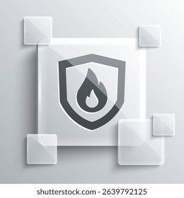 Grey Fire protection shield icon isolated on grey background. Insurance concept. Security, safety, protection, protect concept. Square glass panels. Vector