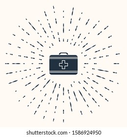 Grey First aid kit icon isolated on beige background. Medical box with cross. Medical equipment for emergency. Healthcare concept. Abstract circle random dots. Vector Illustration