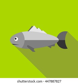 Grey fish icon in flat style with long shadow. Sea symbol