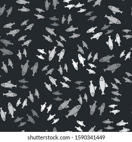 Grey Fish icon isolated seamless pattern on black background.  Vector Illustration