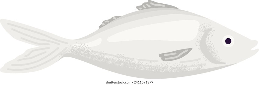Grey fish illustration on a white background, simple flat design fish drawing. Seafood theme, restaurant menu item vector illustration.